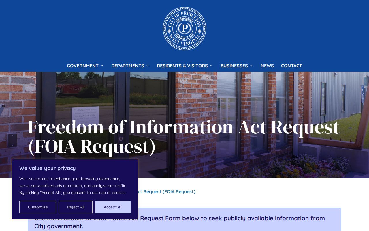 Princeton city FOIA request form for existing municipal records