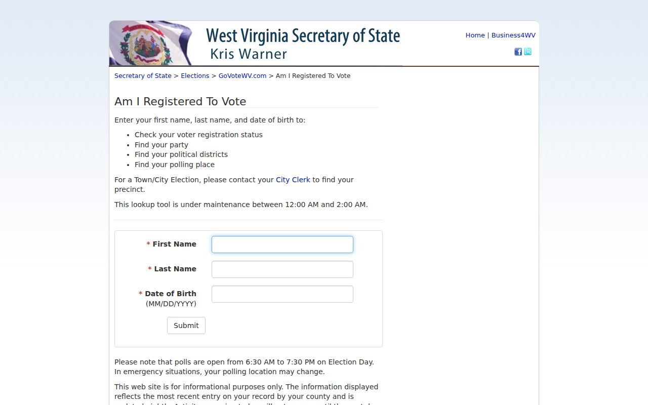 West Virginia voter status form for a Princeton voter record check
